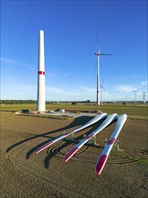 Wind farm near Bad Wünnenberg, construction site, storage area for a new wind turbine, components