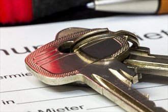 Symbolic image: Close-up of a front door key on a blank form for a rental agreement