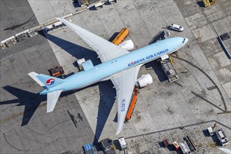 Boeing 777-F aircraft of Korean Air with registration number HL8076 at Los Angeles Airport, USA,