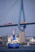 The Köhlbrand Bridge in the port of Hamburg, tanker Cobalt Water, spans the 325 m wide Köhlbrand,