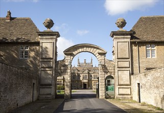 Stone archway entrance to Corsham Court, Wiltshire, England, UK