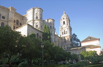 Bell tower Baroque architecture exterior of the cathedral church of Malaga city, Spain, Santa