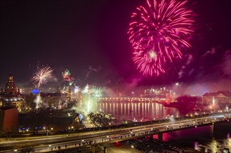 New Year's Eve fireworks over Dresden's Old Town, Dresden, Saxony, Germany, Europe