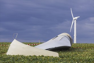 Storm damage, broken wind turbine, Colmitz, Saxony, Germany, Europe