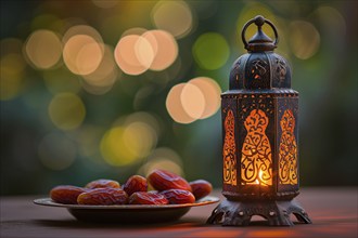 Ramadan lantern with a plate of succulent figs on bokeh background, set on an ornate table with