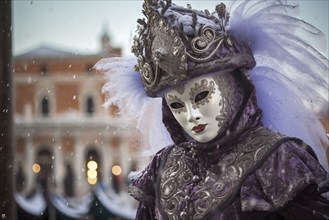 A person adorned in a richly detailed and colorful carnival costume, complete with an elaborate