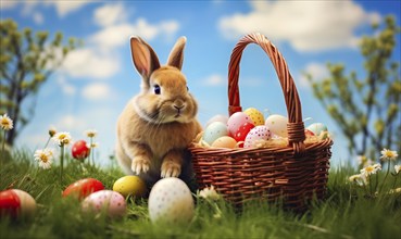 Cute Easter bunny sits beside a basket filled with colorful, decorated eggs amidst a vibrant green