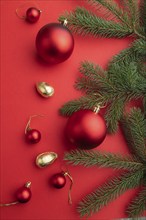 Christmas or New Year composition. Decorations, red balls, fir and spruce branches, on a red paper