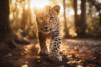 Baby leopard walking with confidence during the golden hour, showcasing its spotted fur and