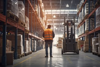 A worker in a reflective vest operates a forklift in a well-lit warehouse, navigating through