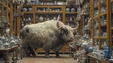 Very large bull with horns in a China shop filled with glassware. generative AI, AI generated