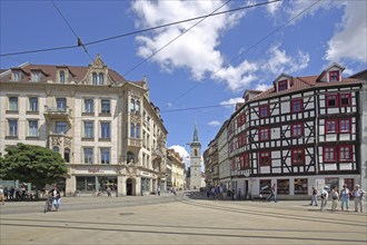 View of Marktstraße with All Saints' Church from the cathedral square, half-timbered house, people,