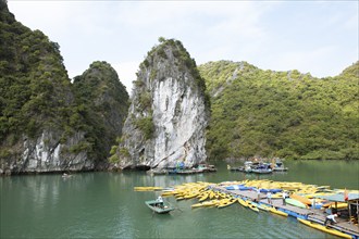 Yellow kayaks at a jetty and the karst rocks in Lan Ha Bay, Halong Bay, Vietnam, Asia