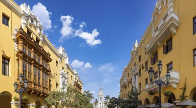 Lima, Peru, colonial streets around Central plaza Mayor or Plaza de Armas in historic city center,