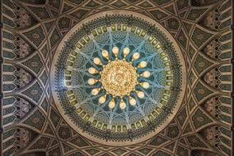 Sultan Qaboos Grand Mosque, chandelier in the prayer hall for men, Muscat, Oman, Asia