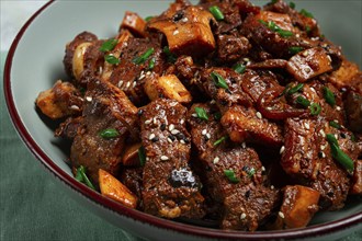 Bulgogi, with mushrooms, with sesame seeds and green onions, Korean cuisine, homemade, no people