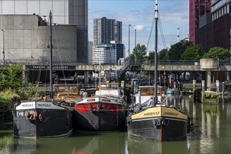 Rotterdam city centre, Oudehaven, historic harbour, historic ships, modern city backdrop,