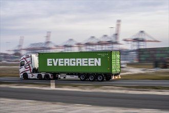 Container lorry, bringing containers to Euromax Container Terminal, the seaport of Rotterdam,