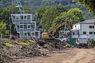 Demolition of the regatta grandstand at Lake Baldeney, in Essen, regatta tower remains standing,