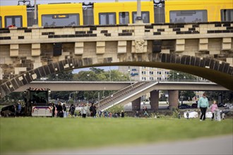 Partially collapsed Carola Bridge, seen through the Augustus Bridge in Dresden, 11/09/2024