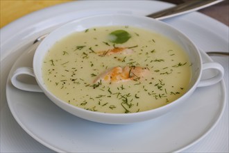 Southern German cuisine, sorrel soup with char, freshwater fish, soup served in soup bowl, herbs,