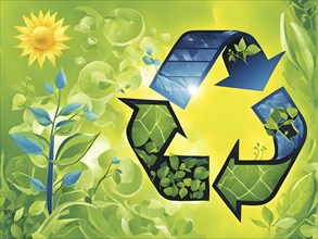 Recycling symbol morphing into growing plants and solar cells to symbolize the transformation of