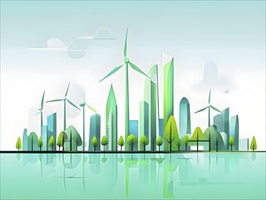 Abstract visual illustration of a city skyline where buildings morph into wind turbines and trees,