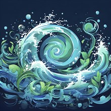 Illustration of swirling ocean waves and recycling symbols to represent clean oceans and