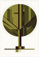 Abstract geometric tree with a circular canopy and a rectangular trunk, arranged in a clean,