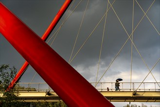 Double bridge over the Rhine-Herne Canal, at Nordsternpark, in the rain, Gelsenkirchen, North