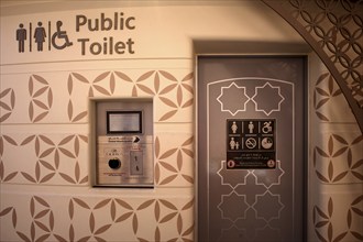 Automatic public toilet, Terminal for credit card payment, VISA, Mastercard, Apple Pay, American