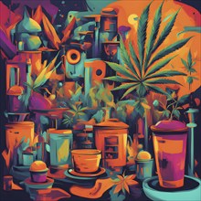 Abstract composition of a cannabis cafe with ambiance bold contrasting colors and playful shapes,