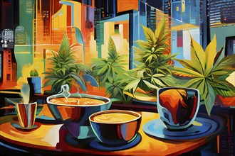 Abstract composition of a cannabis cafe with ambiance bold contrasting colors and playful shapes,