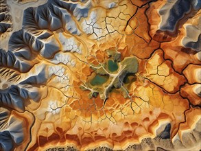 Aerial view capturing the abstract geometric patterns of a dry desert landscape, AI generated