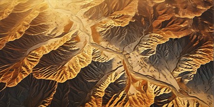 Aerial view capturing the abstract geometric patterns of a dry desert landscape, AI generated