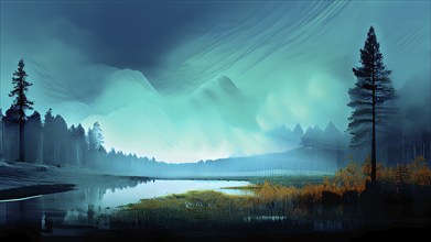 AI generated painting of a surreal landscape with digital brush strokes intertwining with