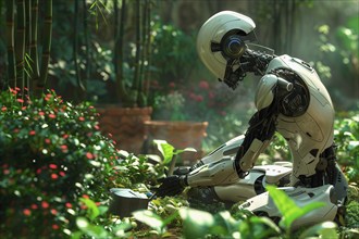 Humanoid robot gardening on knees, AI generated