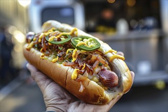 Hand holding hot dog topped with caramelized onions, jalapenos, and melted cheese with blurry