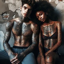 Tattoo, a pair of heavily tattooed young man and a heavily tattooed young woman with percings, AI