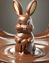 Cute funny little chocolate Easter bunny melts in warm melting chocolate, AI generated, AI