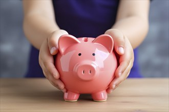 Child's hands holding pink piggy bank. KI generiert, generiert, AI generated