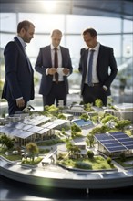 Business professionals engaged with a scale model of a modern solar park adjacent to miniature