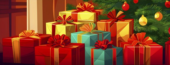 Abstract illustration of wrapped Christmas gifts, shiny ribbons and bows, stacked under a evergreen