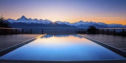 AI generated tranquil ambiance of empty wooden deck with swimming pool and a view on snow covered