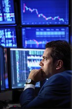 Stock trader in stress and panic in a market crash, AI generated