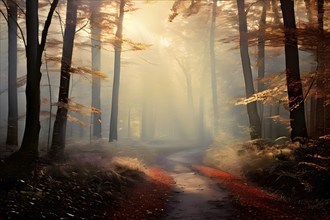 Fog covered forest in autumn with mystic golden sunlight, AI generated