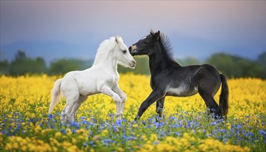 Two foals playing in a flower meadow, studio, AI generated