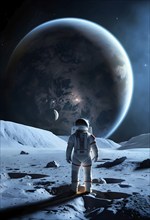 An astronaut stands on a lunar-like surface gazing at an immense planet rising, AI generated