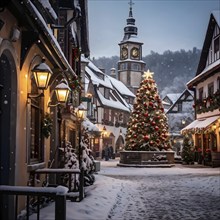 Charming village square decorated for the holidays, with snow-covered rooftops and strings of