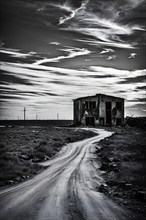 Abandoned military base at the end of an empty road enveloped in the silence of the area, AI